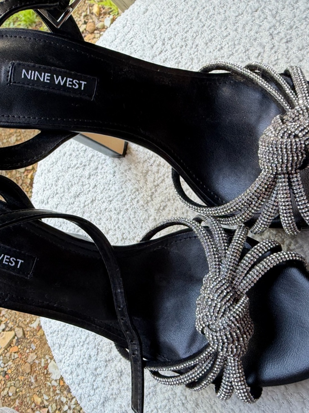 Nine West Black Satin Heels with Silver Rhinestone Knot Detail - Picture 2 of 7